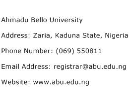 Ahmadu Bello University Address Contact Number