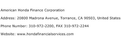 American Honda Finance Corporation Address Contact Number