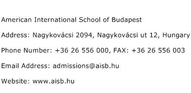 American International School of Budapest Address Contact Number