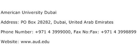 American University Dubai Address Contact Number