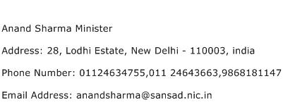 Anand Sharma Minister Address Contact Number