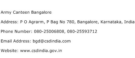 Army Canteen Bangalore Address Contact Number