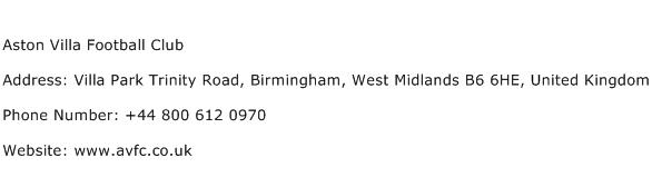 Aston Villa Football Club Address Contact Number