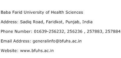 Baba Farid University of Health Sciences Address Contact Number