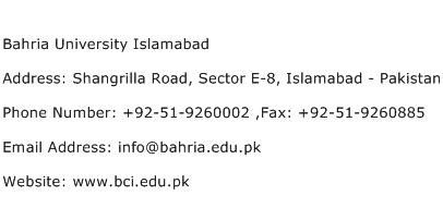 Bahria University Islamabad Address Contact Number