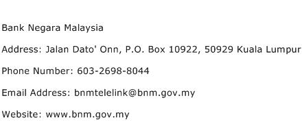 Bank Negara Malaysia Address Contact Number