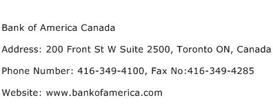 Bank of America Canada Address Contact Number