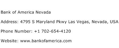 Bank of America Nevada Address Contact Number