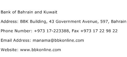 Bank of Bahrain and Kuwait Address Contact Number