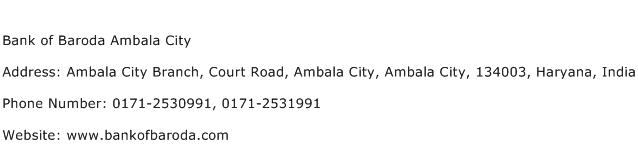Bank of Baroda Ambala City Address Contact Number