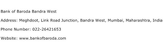 Bank of Baroda Bandra West Address Contact Number