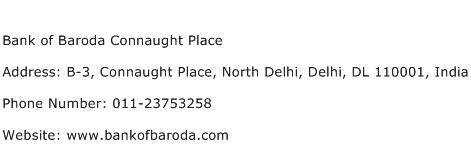 Bank of Baroda Connaught Place Address Contact Number