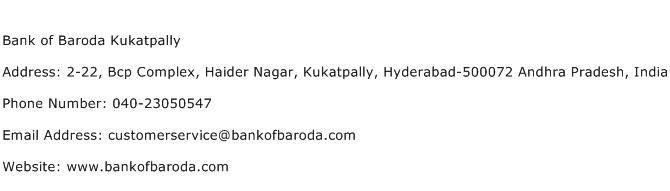 Bank of Baroda Kukatpally Address Contact Number