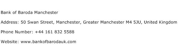 Bank of Baroda Manchester Address Contact Number