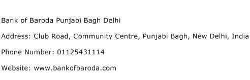 Bank of Baroda Punjabi Bagh Delhi Address Contact Number