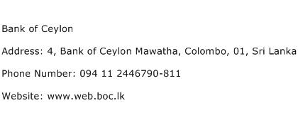 Bank of Ceylon Address Contact Number