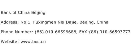 Bank of China Beijing Address Contact Number