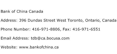 Bank of China Canada Address Contact Number