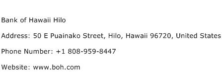 Bank of Hawaii Hilo Address Contact Number