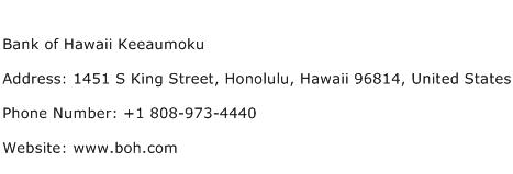 Bank of Hawaii Keeaumoku Address Contact Number
