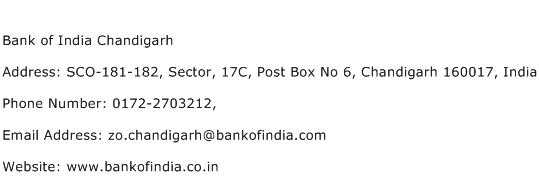 Bank of India Chandigarh Address Contact Number