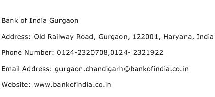 Bank of India Gurgaon Address Contact Number