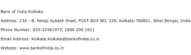 Bank of India Kolkata Address Contact Number