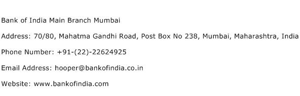 Bank of India Main Branch Mumbai Address Contact Number