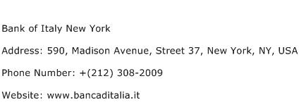 Bank of Italy New York Address Contact Number