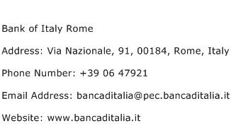 Bank of Italy Rome Address Contact Number