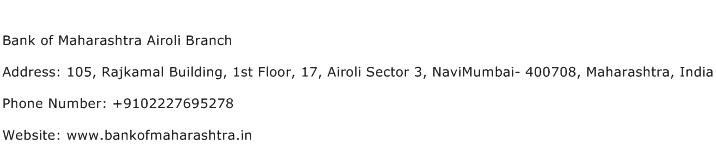 Bank of Maharashtra Airoli Branch Address Contact Number