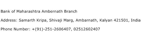 Bank of Maharashtra Ambernath Branch Address Contact Number