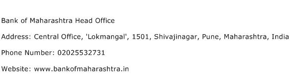 Bank of Maharashtra Head Office Address Contact Number