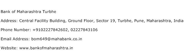 Bank of Maharashtra Turbhe Address Contact Number