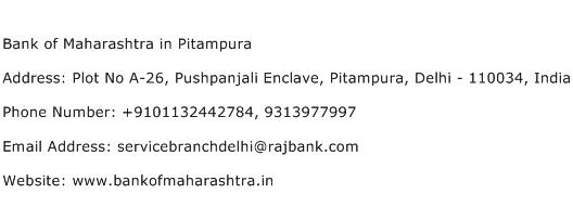 Bank of Maharashtra in Pitampura Address Contact Number