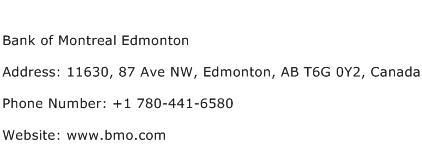 Bank of Montreal Edmonton Address Contact Number