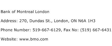 Bank of Montreal London Address Contact Number