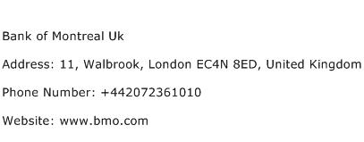 Bank of Montreal Uk Address Contact Number