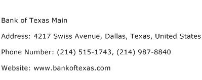 Bank of Texas Main Address Contact Number