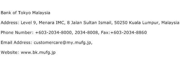 Bank of Tokyo Malaysia Address Contact Number