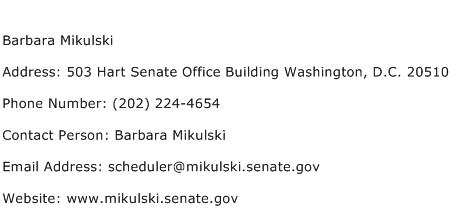 Barbara Mikulski Address Contact Number