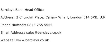 Barclays Bank Head Office Address Contact Number