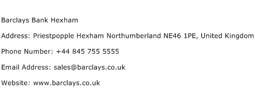 Barclays Bank Hexham Address Contact Number
