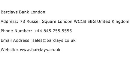 Barclays Bank London Address Contact Number