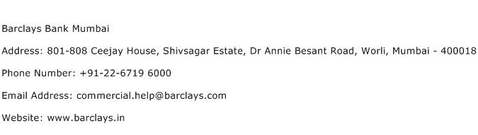 Barclays Bank Mumbai Address Contact Number
