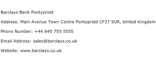 Barclays Bank Pontypridd Address Contact Number