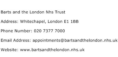 Barts and the London Nhs Trust Address Contact Number