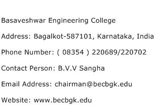 Basaveshwar Engineering College Address Contact Number