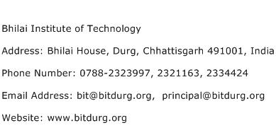 Bhilai Institute of Technology Address Contact Number