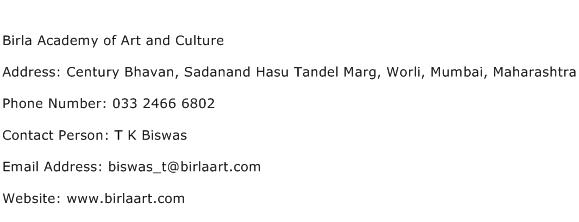Birla Academy of Art and Culture Address Contact Number